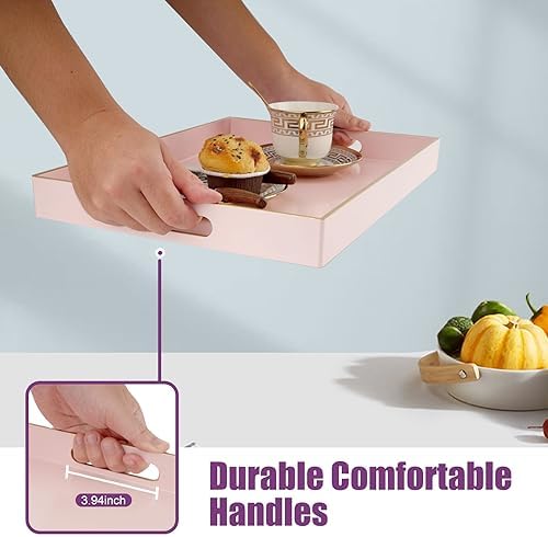 Gifturbo Pink Large Serving Tray with Handles，Rectangular Plastic Elegant Decorative Coffee Table Tray for Ottoman, Livi