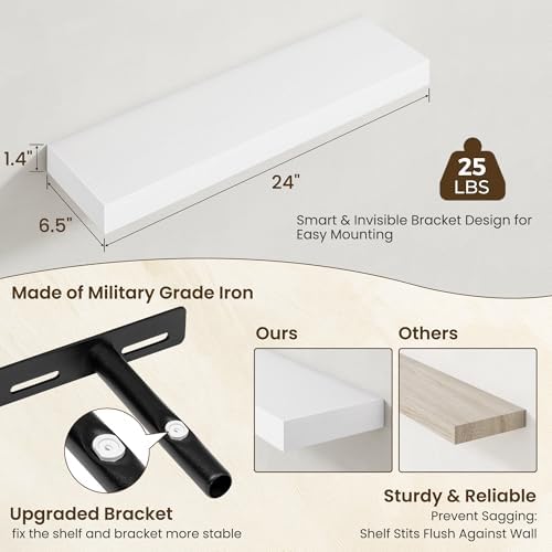 Axeman 24Inch Floating Shelves for Wall, 2 Packs, Invisible Brackets, White