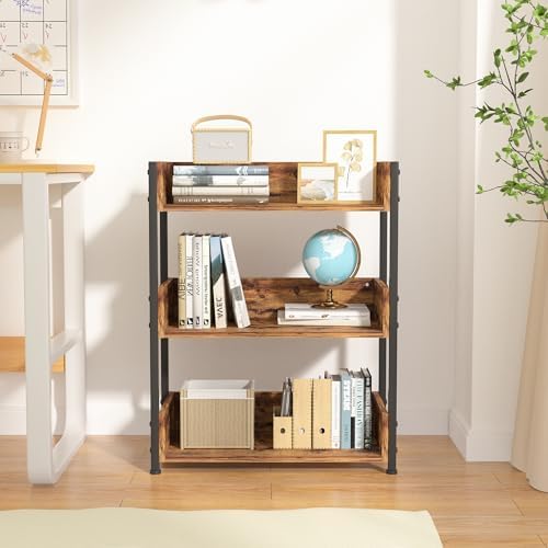 VECELO Bookshelf Set of 2, 30" H Small Bookcase,3-Tier Storage Organizer,Wood Bookcase with Steel Frame,Shelving Unit fo