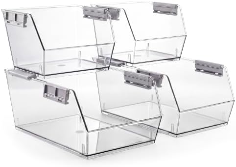 HOMESTEAD Set of 4 Stackable Storage Bins, 2 Large + 2 Small Clear Plastic Organizer Bins, Open Front Design for Kitchen