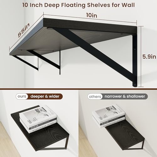 Axeman Deep Floating Shelves, 55'' x 10'' Black Wall Shelves Set of 2