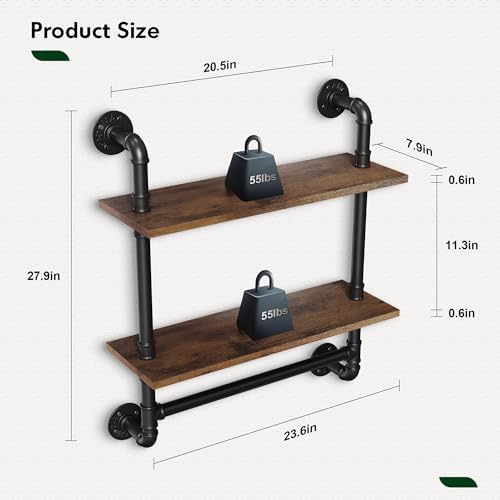 Merapi 24" 2 Tier Industrial Floating Shelves with Tower Bar