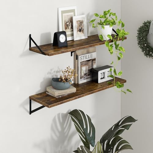 Axeman Deep Floating Shelves - 40 Inch Floating Shelves Set of 2-12 Inch Deep Brown Wood Wall Shelves for Living Room Ba