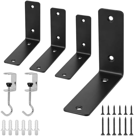 L Floating Shelf Brackets,4 Pack Heavy Duty L Brackets for Shelves, L 5" X H 4" Black Metal Countertop Support Brackets,