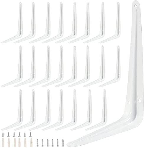 ZOENHOU 24 Pack 8 x 10 Inch White Shelf Brackets, Heavy Duty L Bracket Support with 144 Screws and 72 Expansion Tubes, M