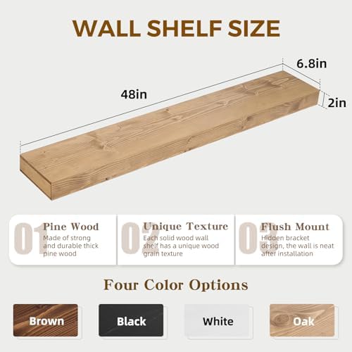 Floating Shelves, 48 Inch Wall Mounted Shelves, Set of 2, Oak