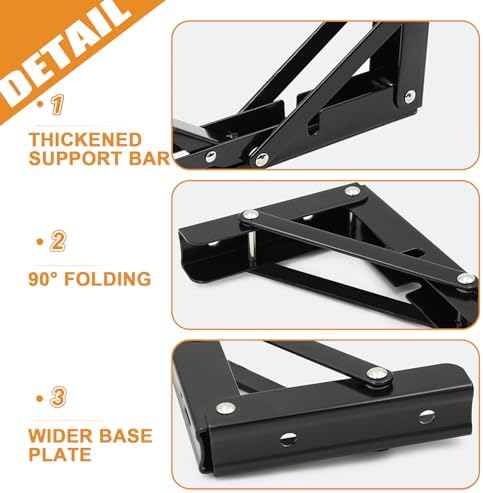 Storystore Folding Shelf Brackets, 8 Inch 2 Pcs Black Stainless Steel