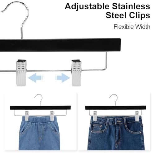AMKUFO 20pcs Wooden Pants Hangers Solid Pants Hangers with Adjustable Clips 14 Inch Black Wood Skirt Hangers Trousers Bottom Hangers with Non-Slip Clips and 360° Swivel Hook