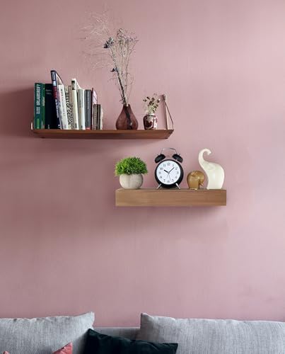 Wall-Mounted Floating Shelves - Set of 2, Solid Wood Teak Brown, 16.5” W x 6” D x 2.5” H - Rustic Decorative Storage for