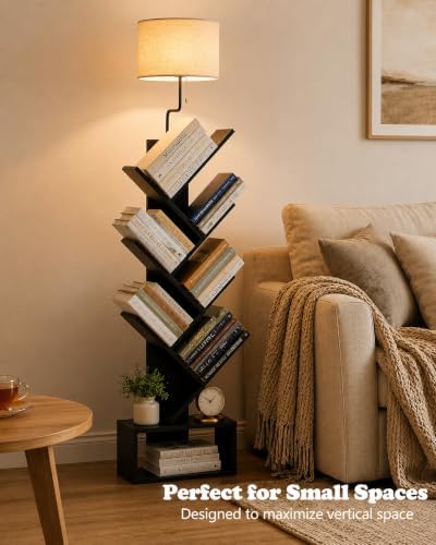 XBurmo 6 Tier Tree Bookshelf with Lights - Small Bookcase, Compact Book Tower with Drawer, Corner Bookshelf for Bedroom,