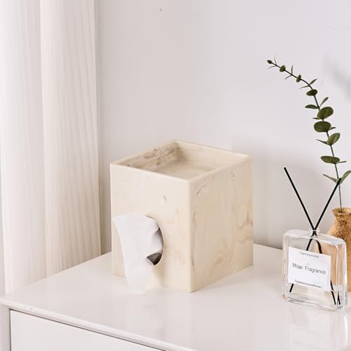 Beige Marble Look Square Tissue Box Cover with Storage Tray for Bathroom