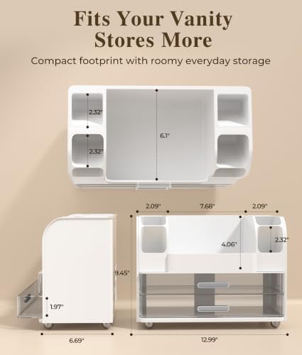Hanyi Makeup Organizer for Vanity,Countertop Cosmetic Organizer with 2 Clear Drawers & 6 Brush Holders,Large ABS Makeup 
