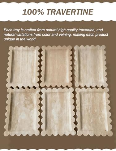 Denique Natural Travertine Tray with Scalloped Edge, 10.8x8 Rectangle Vanity Tray for Bathroom Kitchen Countertop, Beige