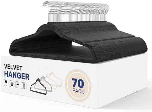 YSSOA 70 Packs Velvet Hangers, Non Slip Space Saving Suit Hangers, Heavy Duty Clothes Hangers with 360° Rotatable Hook for Coats, Pants, Black