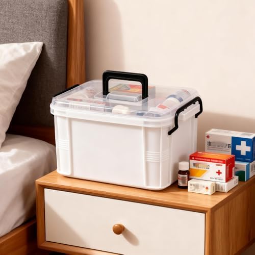 2-Tier Medicine Organizer - Plastic Portable Storage Box with Handle White