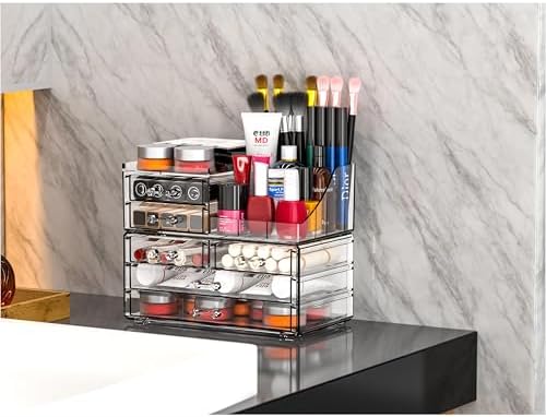 Cq acrylic Make Up Organizers for Vanity With 6 Drawers, 2 Pack Clear Drawer Organizers,Plastic Cute Desk Accessories Or