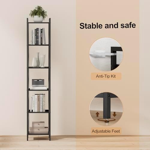 Homhedy 6 Tier Small Bookshelf, Tall Narrow Bookcase, Metal Book Shelf