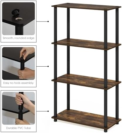 Furinno Turn-N-Tube Toolless Assembly Storage Shelves, 4-Tier Rustic Brown Book Shelf, Open Storage Bookshelf, for Organ
