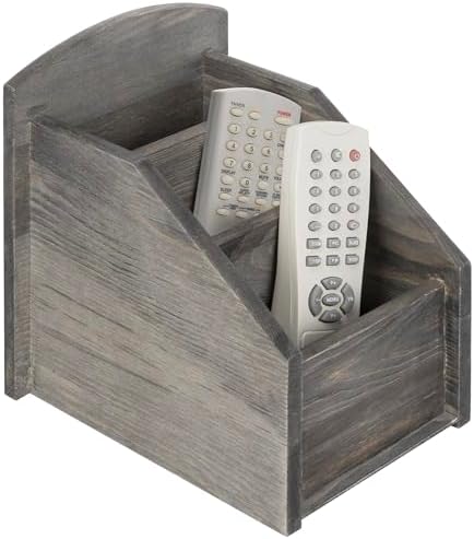 MyGift Rustic Gray Wood Remote Control Holder, 3 Compartment Caddy