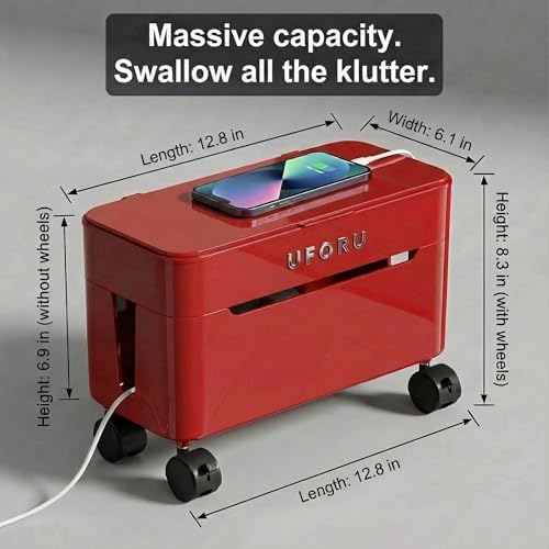 2-Tier Rolling Cable Management Box with Wheels (Large) – Mobile Power Strip Hider & Cord Organizer – Under Desk Wire Co