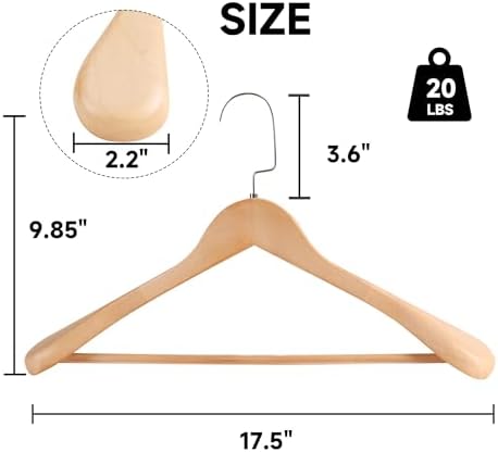 17.5" Wooden Suit Hangers, Non Slip Pants Bar, Natural Wood, 12-Pack