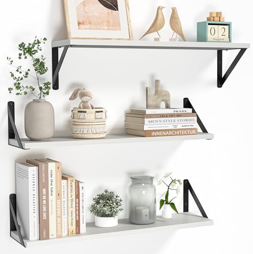 Heimlove Floating Shelves for Wall, 24 Inch Long Wood Floating Shelves Set of 3, Wall Mounted Hanging Shelf for Bathroom