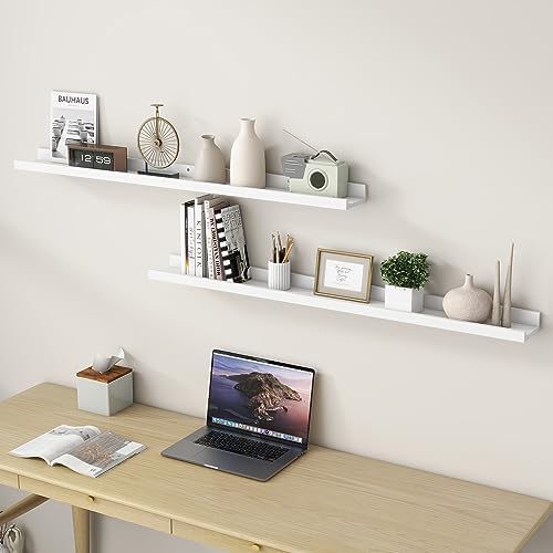 FLYJOE Picture Ledge Shelf, Floating Shelves Set of 2, Solid Ash Wood 48'' Long Large Nursery Book Shelves for Toys Storage, Kids Bookshelf for Living Room Bedroom Decor Books Photo Frames, White