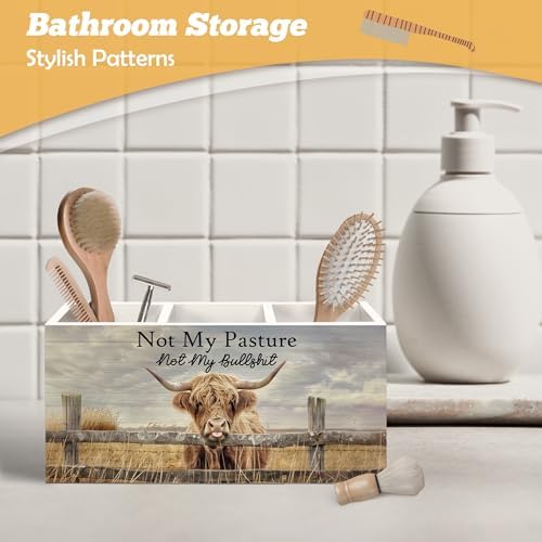 Highland Cow Pen Holder Organizer for Desk Accessories, Farmhouse Western Animal Wooden Box Sign Desk Decorations for Office School, Highland Cow Gifts for Women