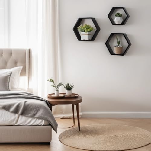 ROSE BLOOM Set of 3 Black Wood Hexagon Shelves for Wall Decor - Farmhouse Honeycomb Shelves for Living Room Decor, Kitch