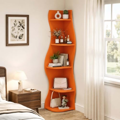 HRVEOCEI 5-Tier Wavy Corner Shelf with Curvy Shape for Small Space, Orange