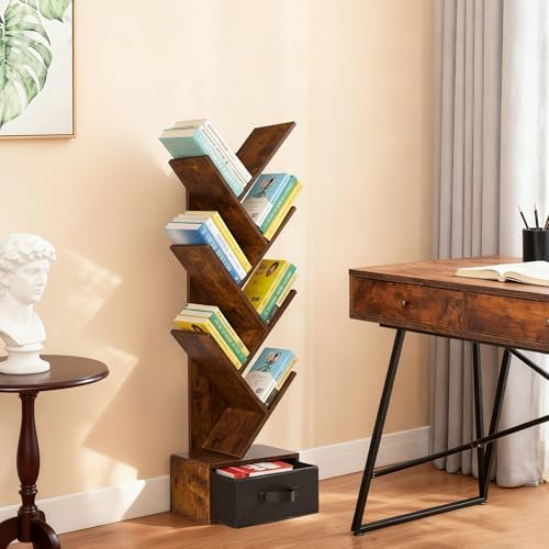 DUMOS 7 Tier Tree Bookshelf, Small Bookcase with Storage Cabinet