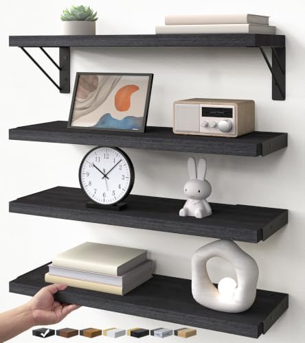 BAYKA Wall Mounted Black Floating Shelves for Wall (Set of 4, 16" Uniform)