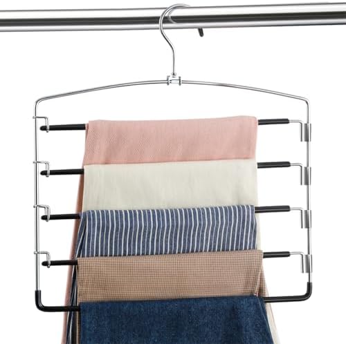 FeeraHozer Pants Hangers Non Slip 3 Pack Space Saving Hangers Multi-Layer Swing Arm Pants Hanger Stainless Steel Space Saver Hanger Closet Storage Organizer for Jeans Trouser Slacks Clothes (Black)