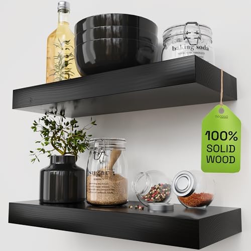 Solid Wood Floating Shelves For Wall 16 inch Black, Bathroom Wooden Shelf