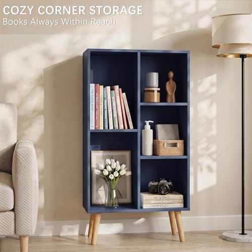 YAHARBO Small Dark Blue Bookshelf,3 Tier Modern Kids Bookcase with Legs,5 Cube Wooden Bookshelves Storage Shelf,Book She