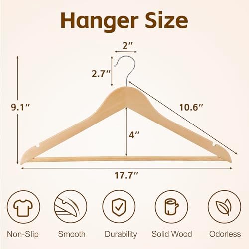 Nouva Wooden Clothes Hangers 50 Pack, Non-Slip Grooved Shoulder Coat Hanger, Slim for Shirts, Jackets, Dress, Pant