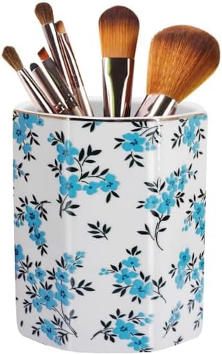 Pen Holder, Makeup Brush Holder Ceramic Shiny Gold Spring Floral Pattern Pencil Cup for Girls Kids Women Durable Stand Desk Organizer Storage Gift for Office, Classroom, Home (Teal Blue)