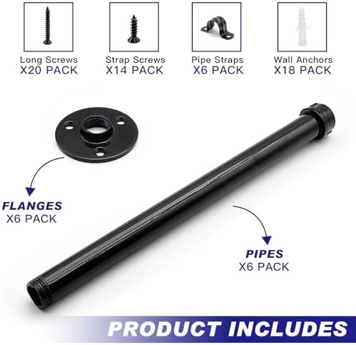 6 Pack Pipe Shelf Brackets 12 Inch, Industrial Iron Pipe Floating Shelves Bracket Heavy Duty Metal Shelving Brackets for