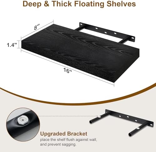 Fun Memories Black Floating Shelves 16 Inch Long, 8 Deep Floating Shelf Wall Mounted, 16 x 8 Inch Wooden Bathroom Shelve