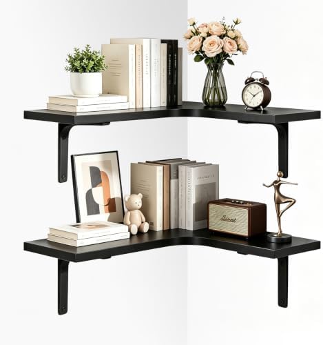 Corner Floating Shelves Wall Mounted, Set of 2 Wood Storage Shelves