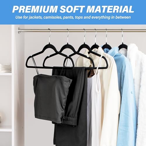 YSSOA Velvet Hangers 30 Pack, Non-Slip Clothes Hangers with Shoulder Notches, 360° Swivel Hooks, Heavy Duty Standard Hangers for Closet Space Saving, Black