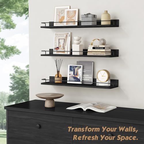 Forbena 24 Inch Wall Shelves for Bedroom 3-Pack, Black Floating Shelves with Rail, Vintage Large Floating Book Shelves f