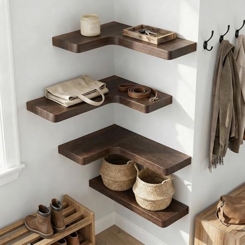16 Inch Solid Wood Floating Corner Shelves, 3 Pack, Rustic Brown