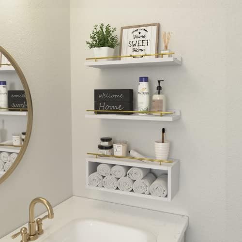WOPITUES Floating Shelves for Wall with Cube Shelf, Wall Shelves with Metal Rail for Decor, Bathroom Organizers and Stor