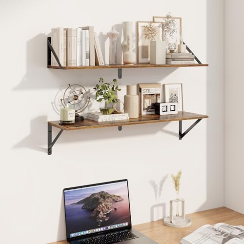 Heimlove Deep Floating Shelves for Wall, 32W x 8D Wood Wall Shelves Set of 2, Wide Floating Bookshelf for Living Room, K