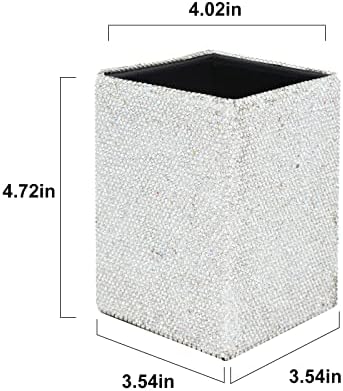 KEYPOWER Crystal Pencil Pot Holder Box Bling Rhinestone Pen Organizer Holder Cosmetic Pen Container Comb Brushes Personalized (Square White&AB Color)