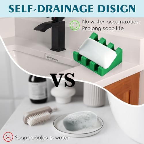 Self Draining Silicone Soap Dish Holder Waterfall Tray, 1 Pack Green
