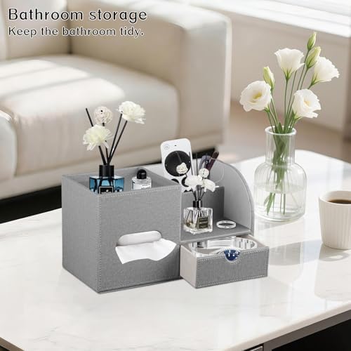 PU Leather Tissue Box Cover Square with Drawer Storage and Tray on Top