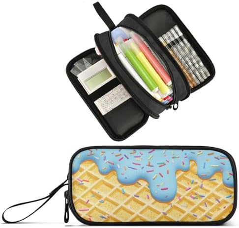 Wfrish Pencil Case Big Capacity for Girl Boy Ice Cream Cone Blue Glaze Student Pencil bag Pen Pouch Large Stationery 3 Compartments Zippers Organizer School College Office Teens Adults