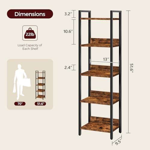 MAHANCRIS Bookshelf, 5-Tier Bookcase, Standing Book Shelf for Small Space, Storage Shelf Organizer, for Living Room, Bed